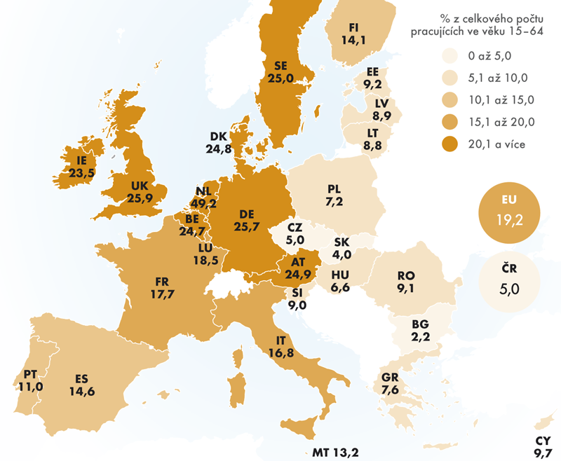 Podíl osob v EU27 se zkrácenou pracovní dobou v roce 2012